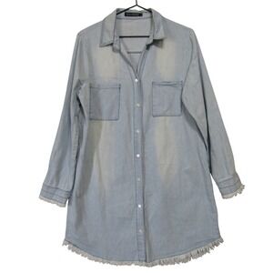ZILCREMO Denim Shirt Tunic Women L Light Blue Good Frayed Raw Hem Long Sleeve